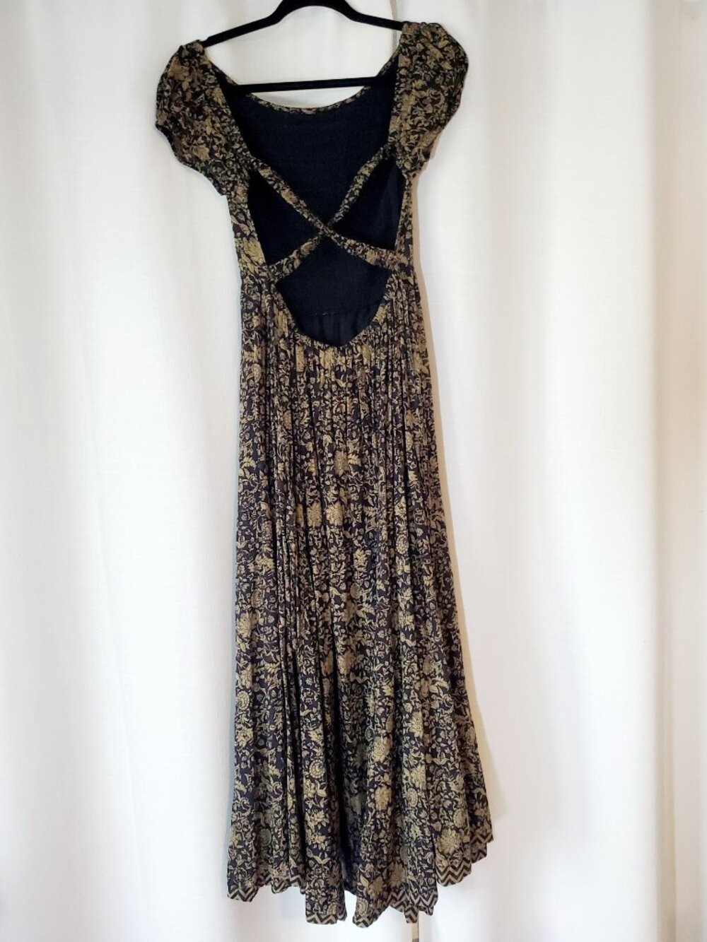 Free People Black Brown Floral Maxi Dress Boho Off Shoulder Open Back Cotton - Picture 14 of 16